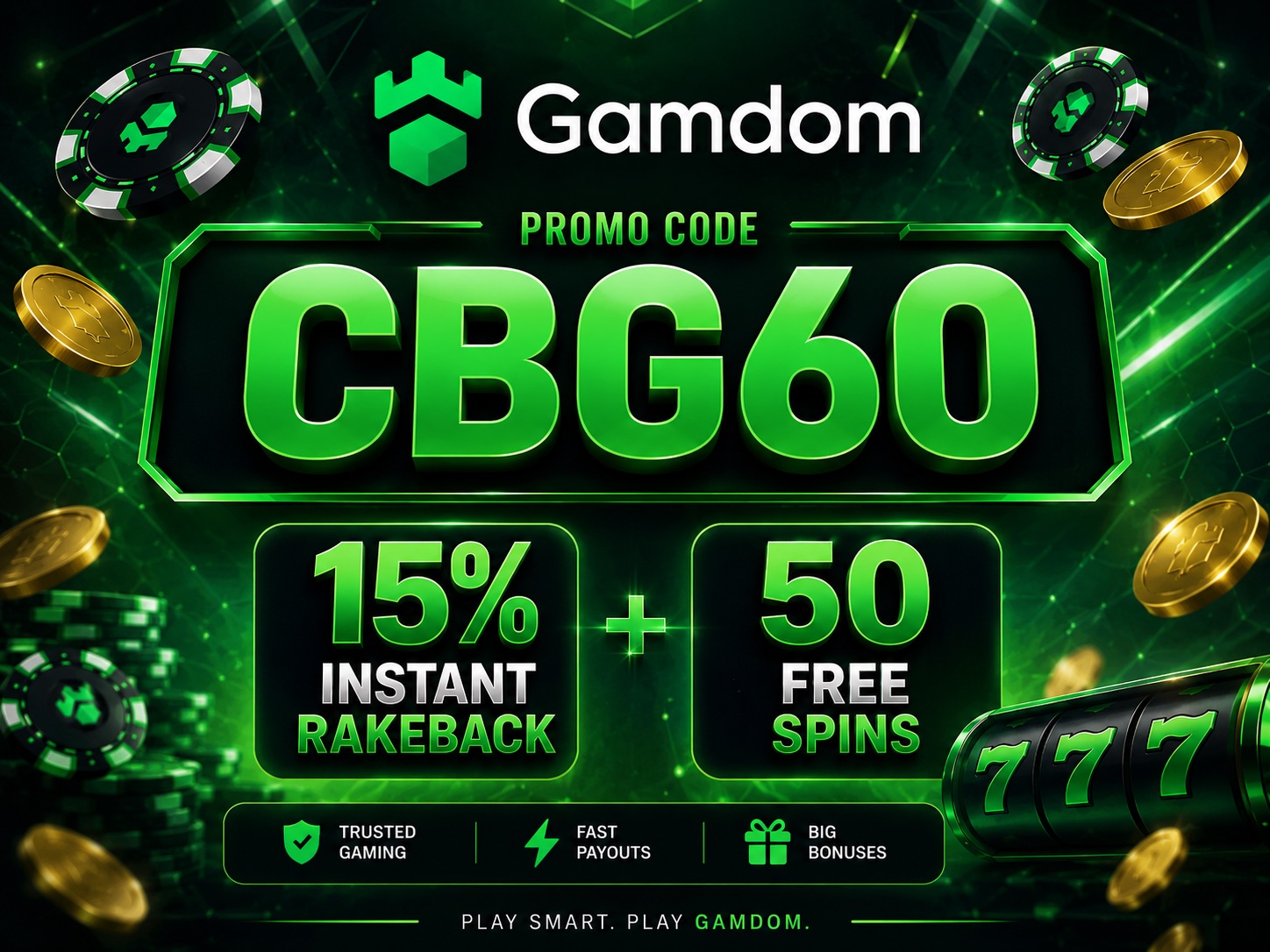 Gamdom Promo Code CBG60 — 15% Instant Rakeback and 50 Free Spins offer